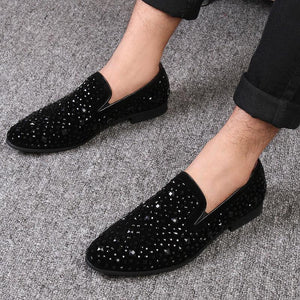 Handmade Black Rhinestore Men's Dance Suede Loafers